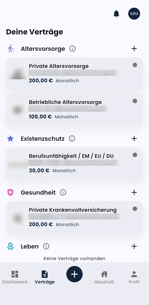 Beispielansicht der App: Übersicht „Deine Verträge“ mit Altersvorsorge, Existenzschutz und Gesundheit, Versicherernamen unkenntlich gemacht