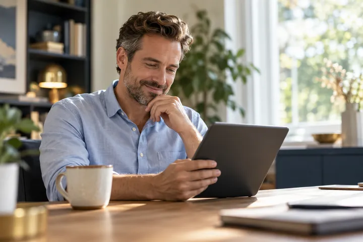 Mann um die 40 im Homeoffice schaut entspannt auf ein Tablet
