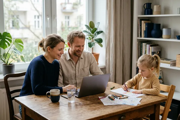 Eltern mit Tochter am Küchentisch, die Eltern schauen gemeinsam auf einen Laptop