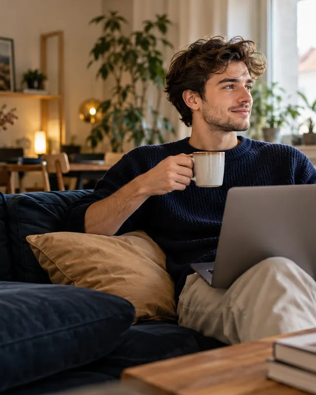 Junger Mann mit Laptop und Kaffee in seiner Wohnung