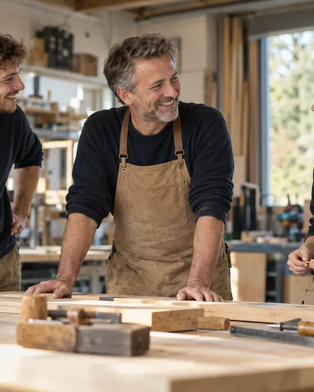 Chef und zwei Mitarbeitende in einer Werkstatt