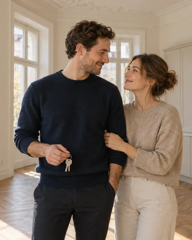 Junges Paar mit Schlüssel in der Küche der neuen Wohnung