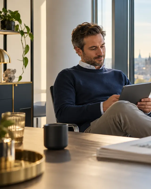 Angestellter Mann mit Tablet im Büro am Fenster
