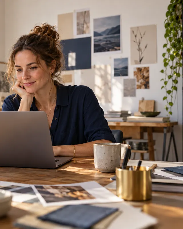 Selbstständige Frau arbeitet in ihrem hellen Atelier am Laptop