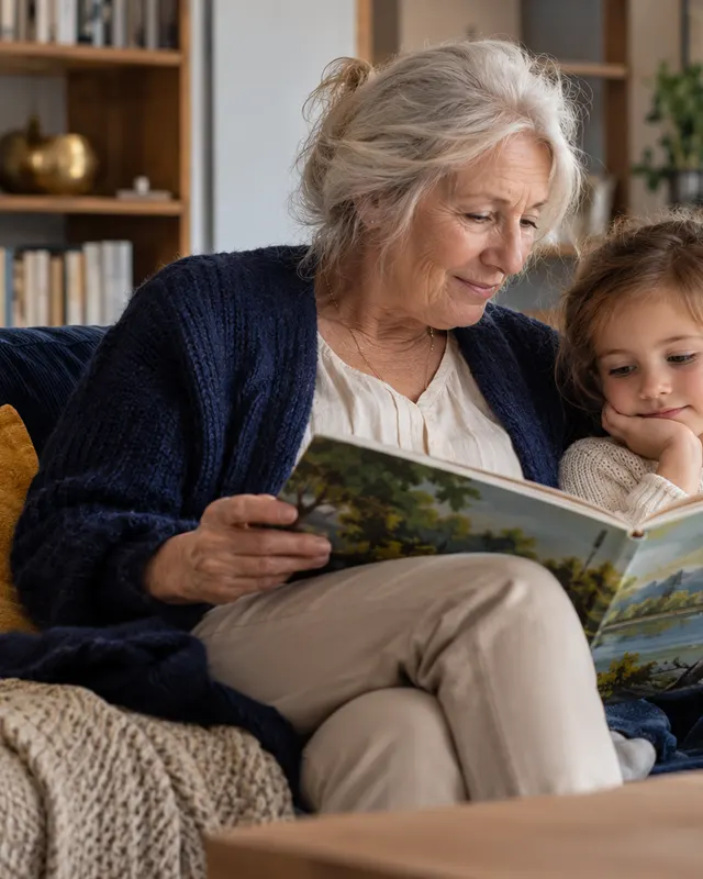 Großmutter liest mit ihrer Enkelin ein Buch