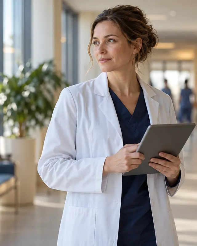 Ärztin mit Tablet im Klinikflur